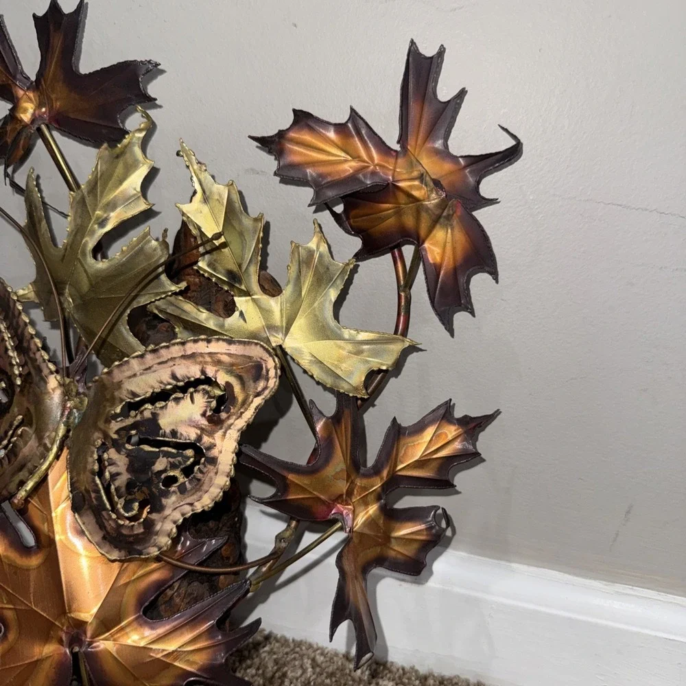 Vtg MCM Metal Wall Art Butterfly & Maple Leaves Brass Copper Brutalist Wood - Picture 4 of 6